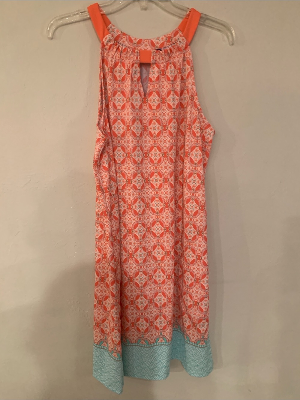Cabana Life Coral Patterned Halter Dress with Aqua Border Size Medium no flaws